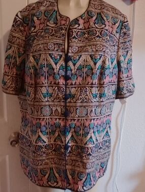 Adrianna Papell Navy Blue, Gold & Cream Silk Scarf Blouse